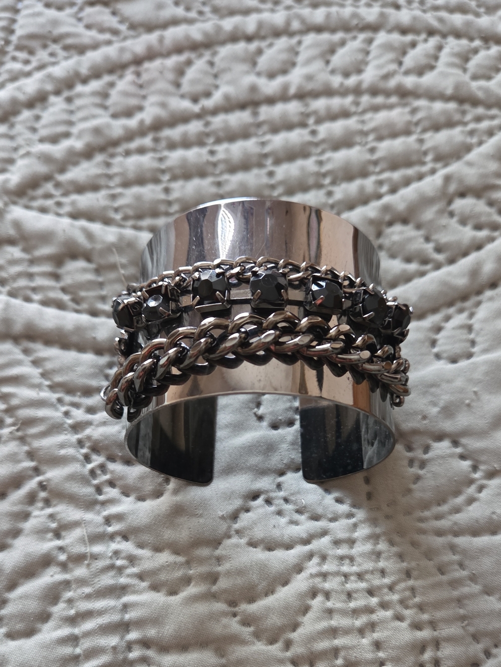Silver Black Cuff Bracelet with Black Crystal and Chain Accents